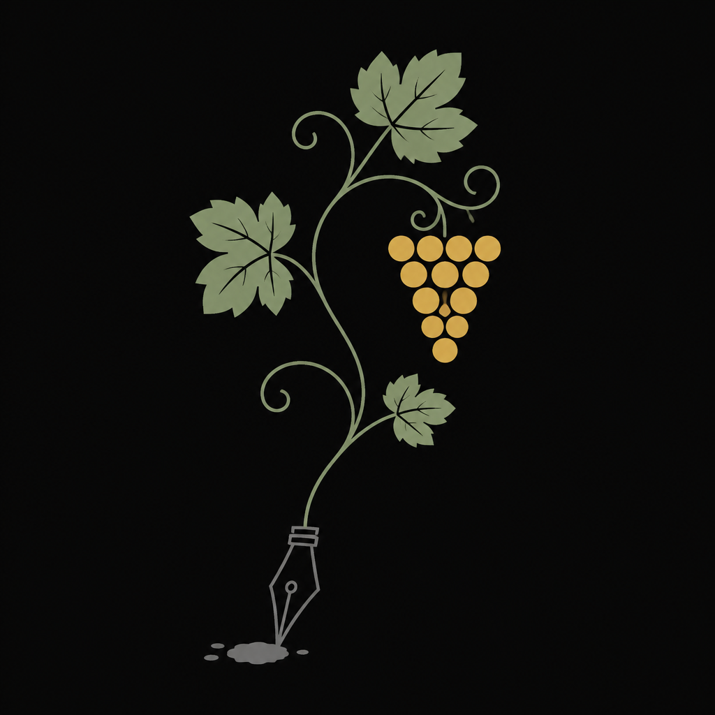Illustration of a vine growing from a pen nib and ink blot, bearing a cluster of grapes