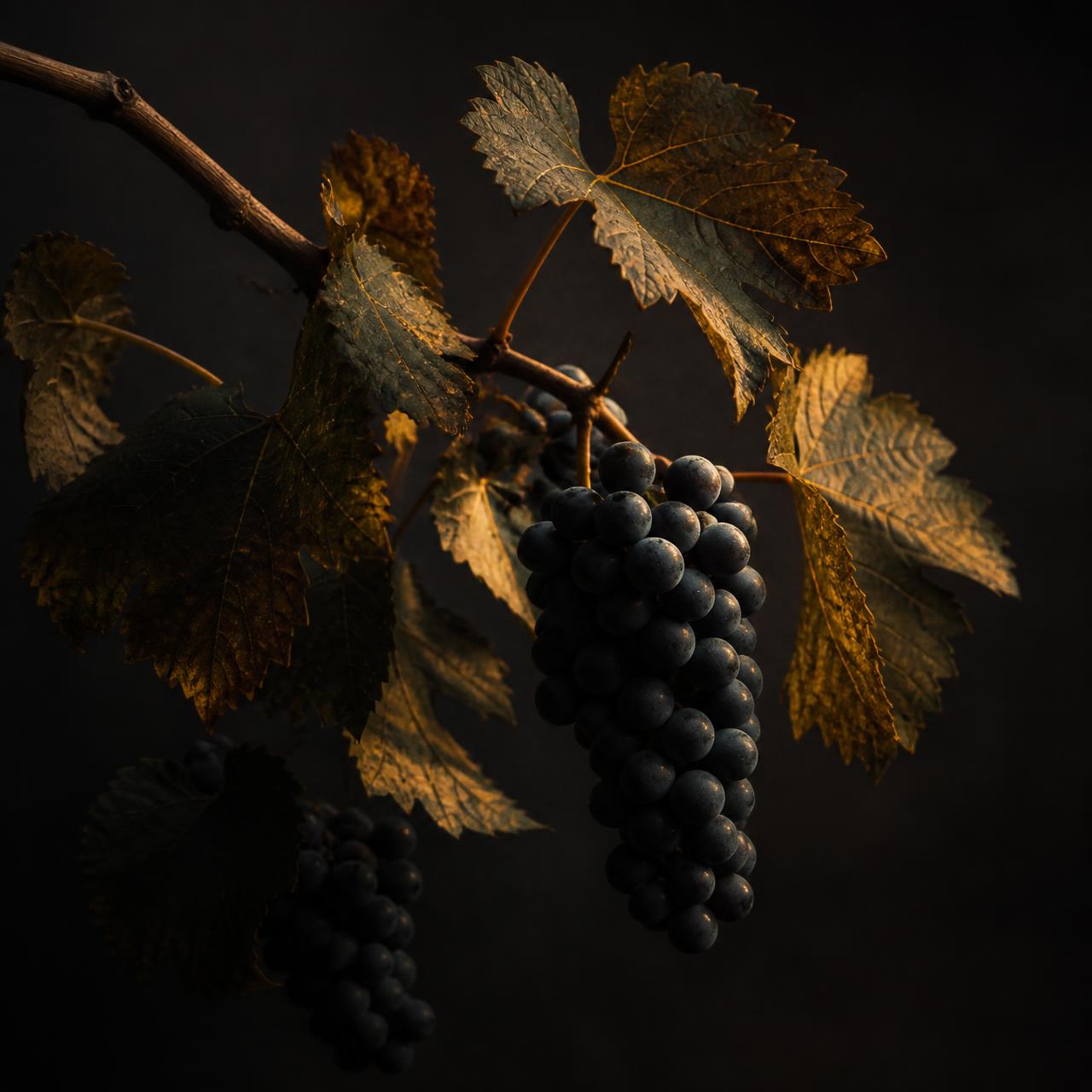 A grapevine branch heavy with fruit, lit by warm lamplight
